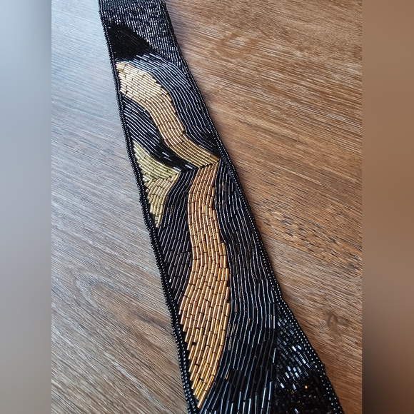 Vintage La Regale hand beaded cummerbund wide waist belt black and gold chevron - Picture 3 of 7